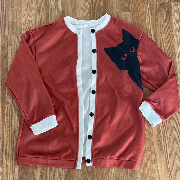 Comstylish Sweaters - Red Cardigan with Black Cat Design